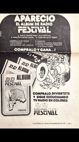 Anuncio del álbum de radio Festival, destacando su aparición y promoviendo la colección con imágenes coloridas y personajes animados. Incluye menciones a concursos y a la compra del álbum.