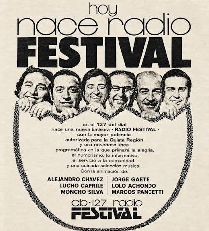 Anuncio promocional de la nueva emisora Radio Festival, mostrando a varios presentadores y el texto sobre la inauguración y programación.